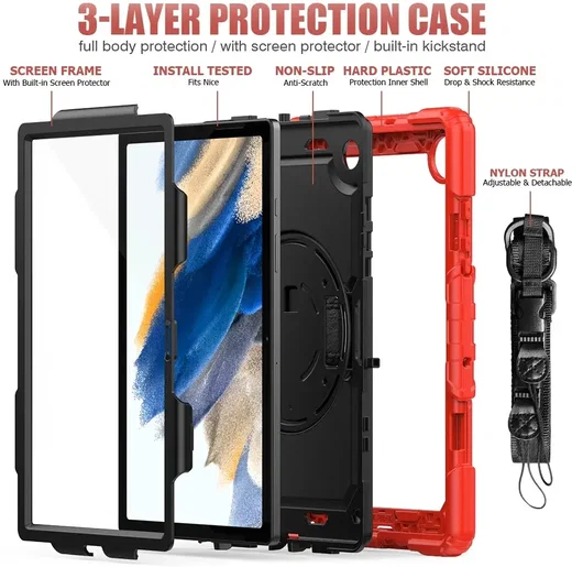 Samsung Galaxy Tab A8 Hoes met Screen Protector en Handriem Rood afbeelding 4