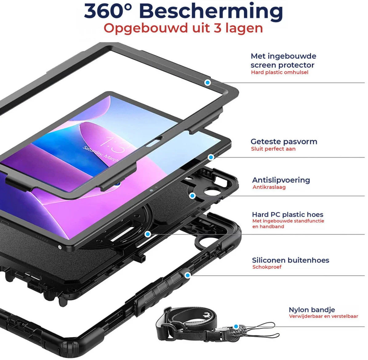 Lenovo Tab M10 Plus Gen 3 (10.6) Hoes met Screenprotector en Handriem Blauw afbeelding 2