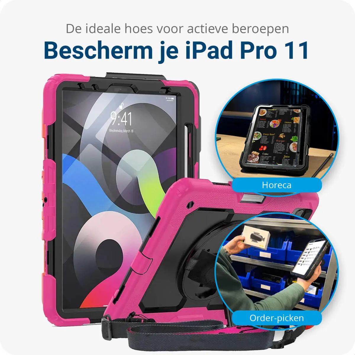 Apple iPad Pro 11 Hoes met Screen Protector en Handriem Roze afbeelding 2