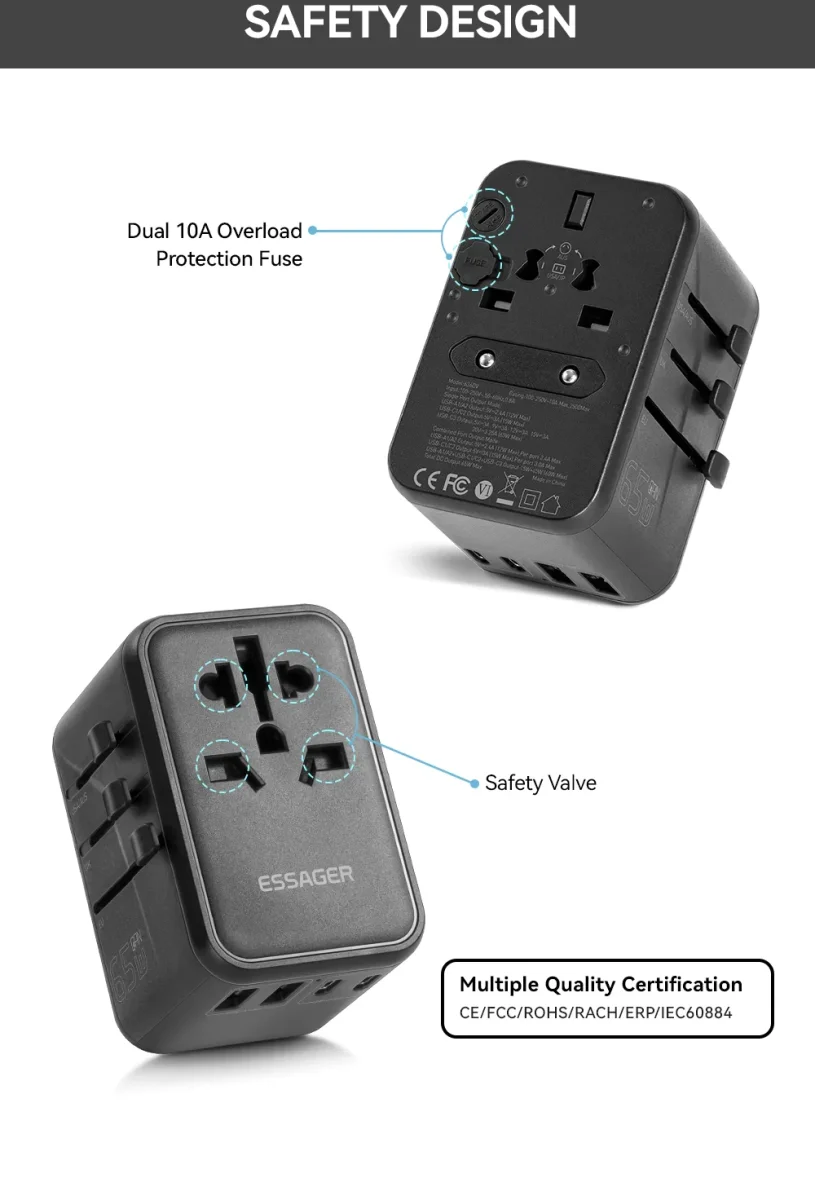 Essager Reislader 65W Universele Snellader Wereldstekker US/AUS/UK/EU afbeelding 5