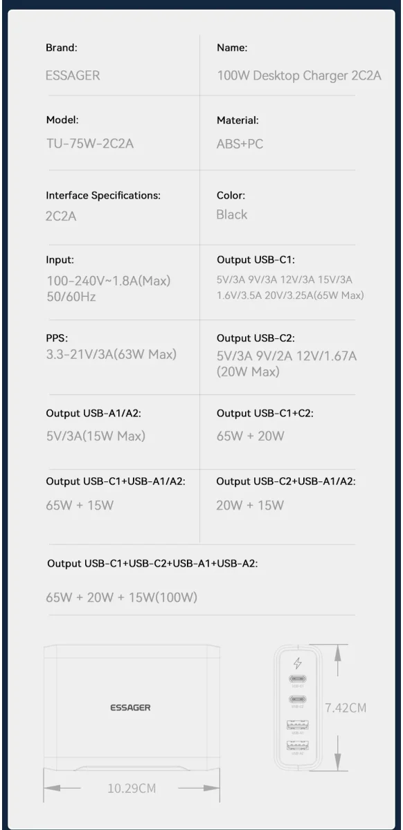 Essager 100W Laadstation Laptop/MacBook GaN Snellader Zwart afbeelding 4