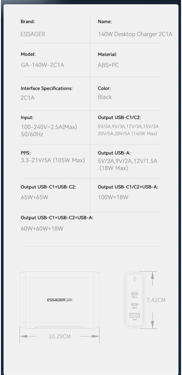 Essager 140W Laadstation voor MacBook/Laptop GaN Snellader Zwart afbeelding 7