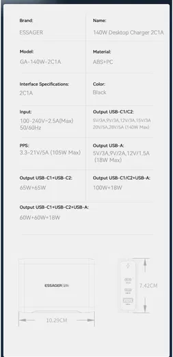 Essager 140W Laadstation voor MacBook/Laptop GaN Snellader Zwart afbeelding 7