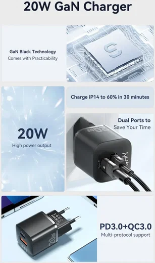Essager 20W GaN Snellader met Power Delivery en Quick Charge Zwart afbeelding 5