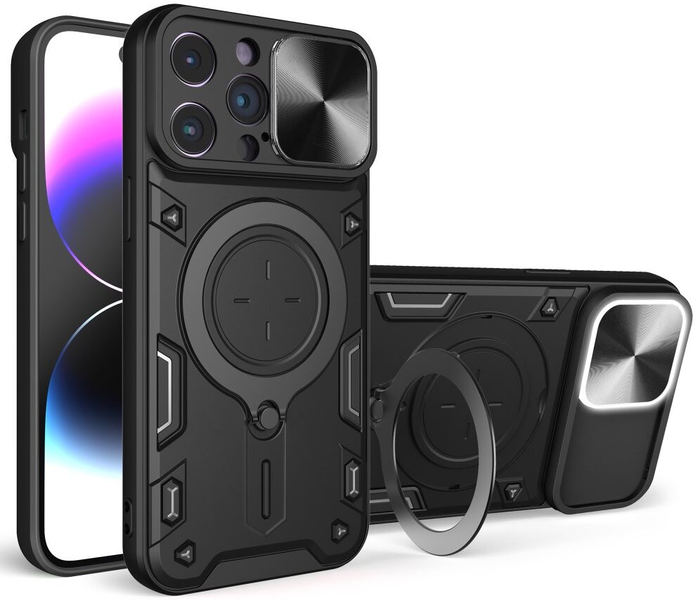 Apple iPhone 15 Pro Max Hoesje Camera Slider en Kickstand Ring Zwart afbeelding 1
