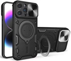 Apple iPhone 15 Pro Max Hoesje Camera Slider en Kickstand Ring Zwart afbeelding