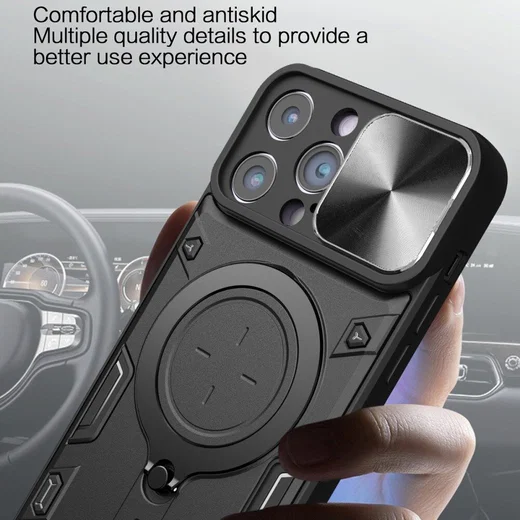 Apple iPhone 15 Pro Max Hoesje Camera Slider en Kickstand Ring Zwart afbeelding 5