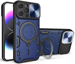 Apple iPhone 15 Pro Max Hoesje Camera Slider en Kickstand Ring Blauw afbeelding