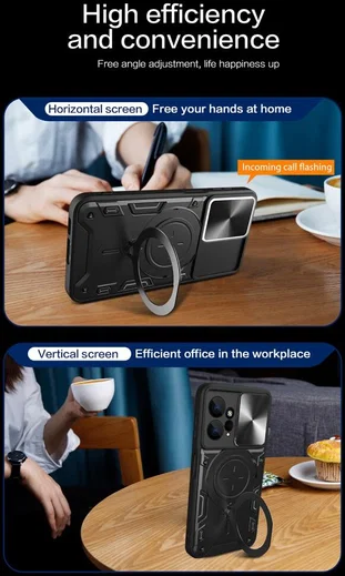 Xiaomi Redmi Note 12 Hoesje met Camera Slider en Kickstand Zwart afbeelding 6