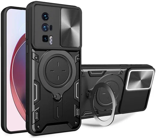Xiaomi Poco F5 Pro Hoesje Camera Slider en Kickstand Back Cover Zwart afbeelding 1