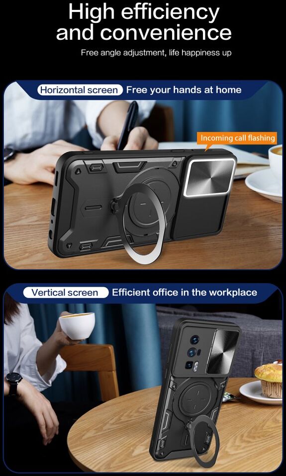 Xiaomi Poco F5 Pro Hoesje Camera Slider en Kickstand Back Cover Zwart afbeelding 4