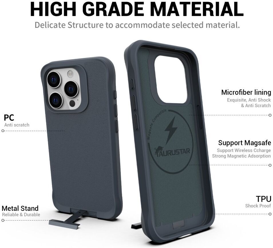 Apple iPhone 15 Pro Hoesje Metalen Kickstand Back Cover Grijs afbeelding 2