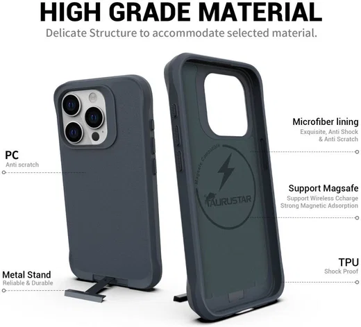 Apple iPhone 15 Pro Hoesje Metalen Kickstand Back Cover Grijs afbeelding 2