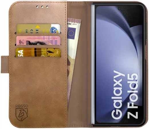 Rosso Deluxe Samsung Galaxy Z Fold 5 Hoesje Echt Leer Book Case Bruin afbeelding 1