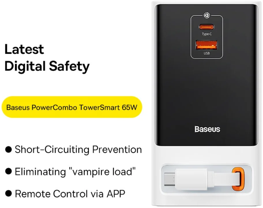 Baseus GaN 65W Fast Charge Laadstation met AC/USB-C/USB-A Wit afbeelding 3