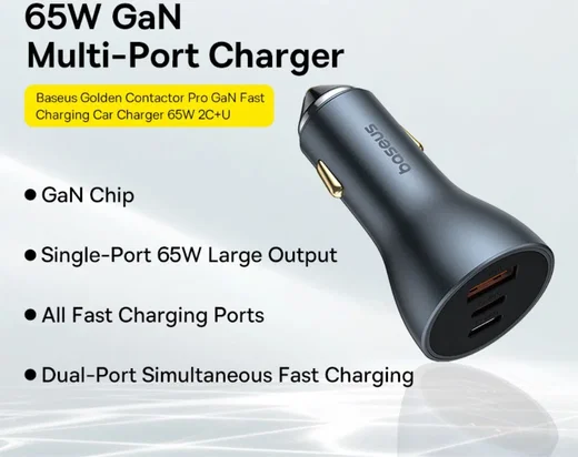 Baseus GaN USB/USB-C Auto Snellader 65W met Power Delivery Grijs afbeelding 3
