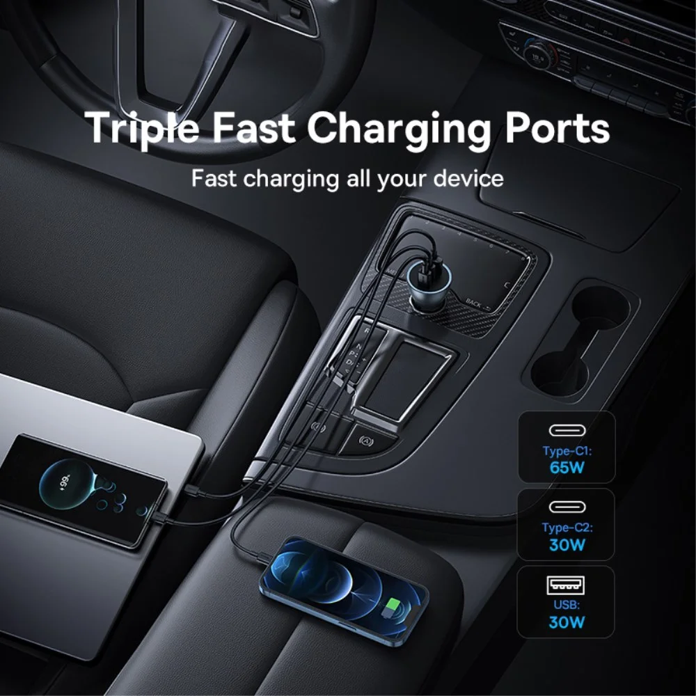 Baseus GaN USB/USB-C Auto Snellader 65W met Power Delivery Grijs afbeelding 5