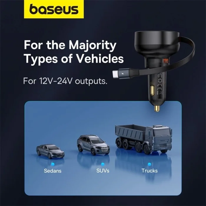 Baseus Enjoyment Pro Autolader 60W met Uitrekbare USB-C Kabel Zwart afbeelding 3