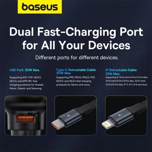 Baseus Enjoyment Pro Autolader 60W met Uitrekbare USB-C Kabel Zwart afbeelding 4