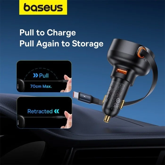 Baseus Enjoyment Pro Autolader 60W met Uitrekbare USB-C Kabel Zwart afbeelding 5