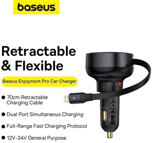 Baseus Enjoyment Autolader 55W met Uitrekbare Lightning Kabel Zwart afbeelding 2