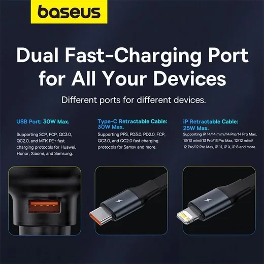 Baseus Enjoyment Autolader 55W met Uitrekbare Lightning Kabel Zwart afbeelding 4