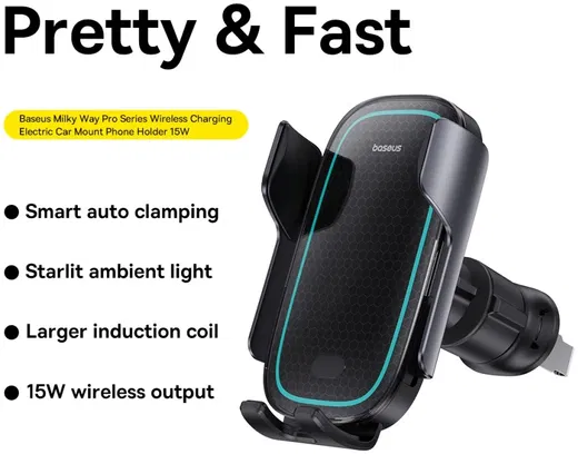 Baseus MilkyWay Telefoon Ventilatierooster Draadloos Opladen 15W Zwart afbeelding 3