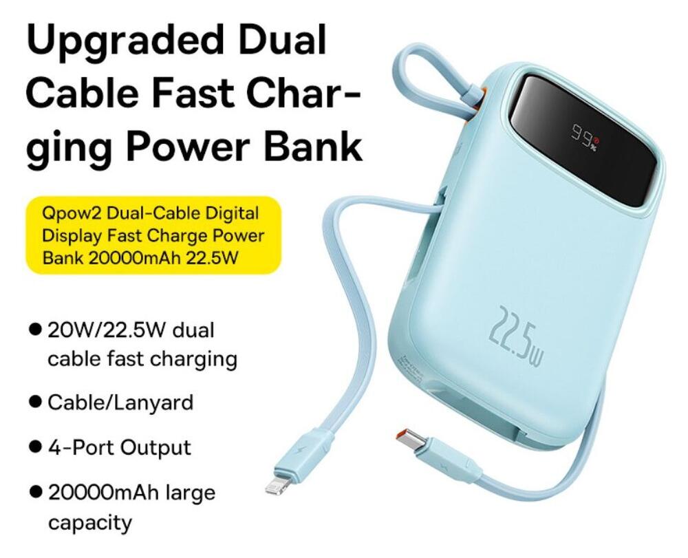 Baseus 20.000 mAh Powerbank met Ingebouwde USB-C/Lightning Kabel Blauw afbeelding 2