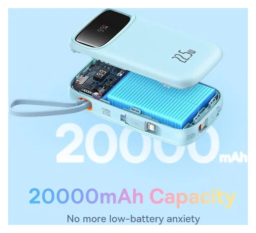 Baseus 20.000 mAh Powerbank met Ingebouwde USB-C/Lightning Kabel Blauw afbeelding 5