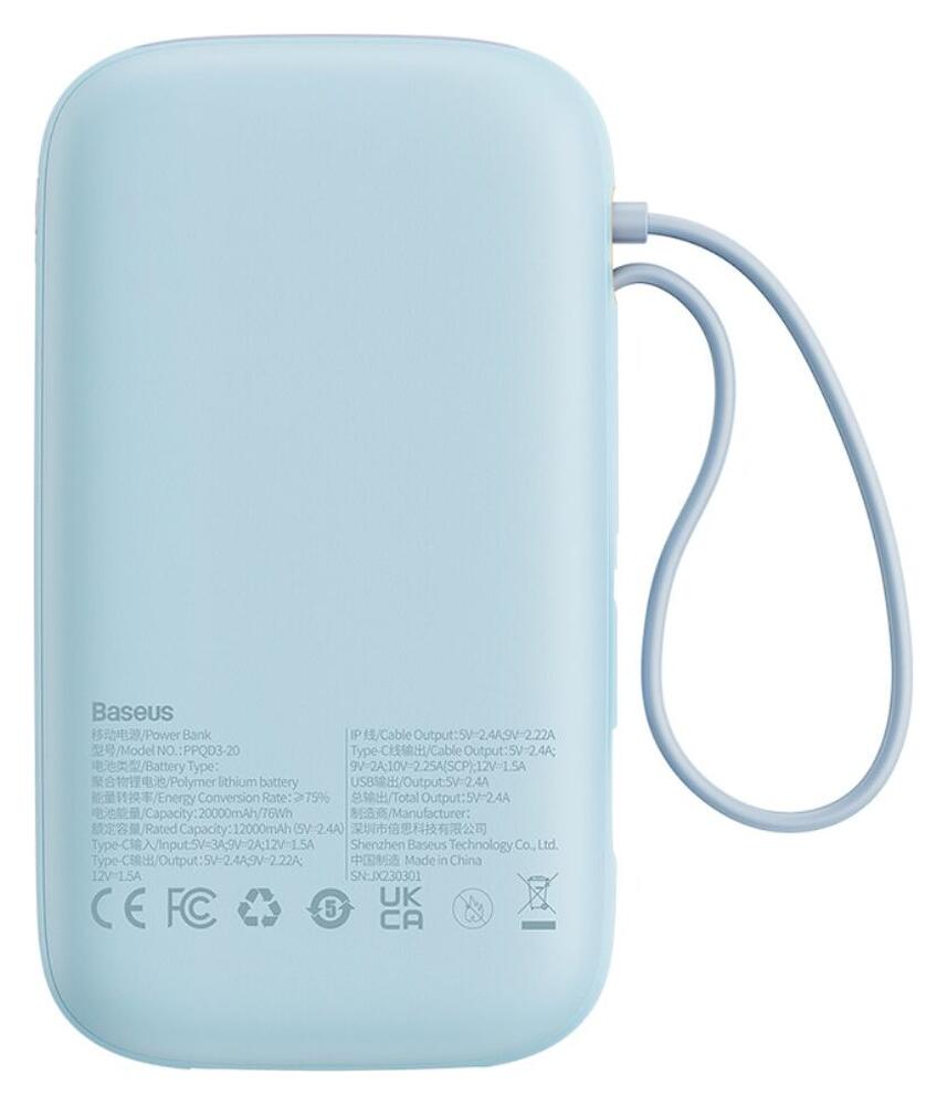 Baseus 20.000 mAh Powerbank met Ingebouwde USB-C/Lightning Kabel Blauw afbeelding 9