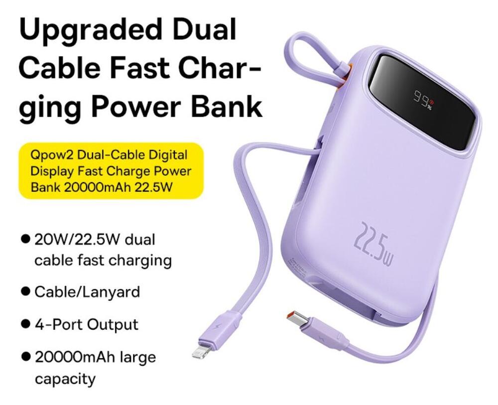 Baseus 20.000 mAh Powerbank met Ingebouwde USB-C/Lightning Kabel Paars afbeelding 2