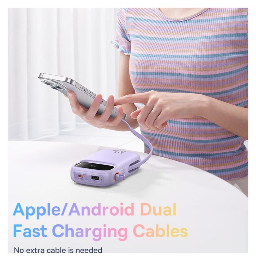 Baseus 20.000 mAh Powerbank met Ingebouwde USB-C/Lightning Kabel Paars afbeelding 3