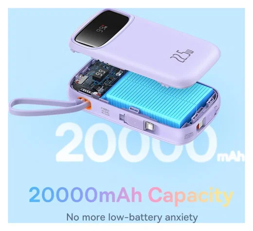 Baseus 20.000 mAh Powerbank met Ingebouwde USB-C/Lightning Kabel Paars afbeelding 5