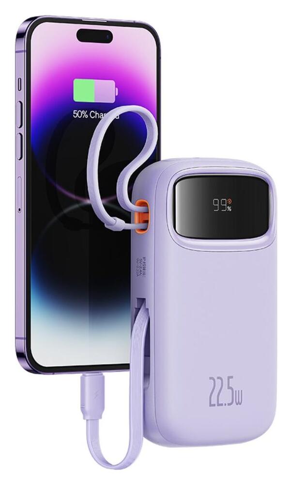 Baseus 20.000 mAh Powerbank met Ingebouwde USB-C/Lightning Kabel Paars afbeelding 8