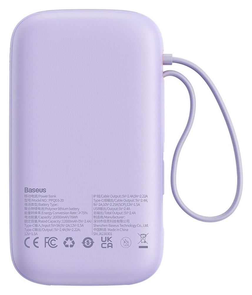 Baseus 20.000 mAh Powerbank met Ingebouwde USB-C/Lightning Kabel Paars afbeelding 9
