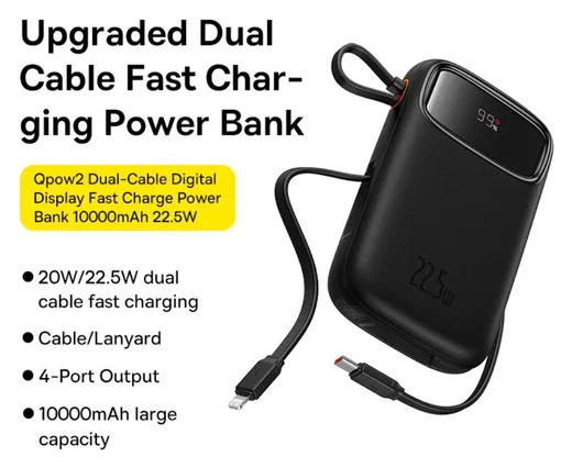 Baseus 10.000 mAh Powerbank met Ingebouwde USB-C/Lightning Kabel Zwart afbeelding 2