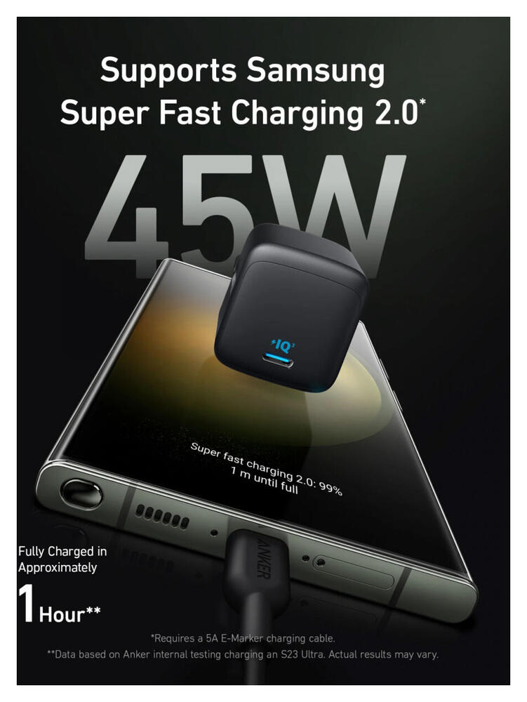 Anker 313 Ace (45W) GaN USB-C Adapter met Super Fast Charge 2.0 Zwart afbeelding 2