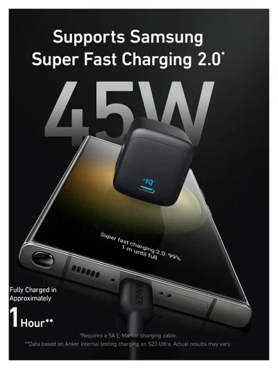 Anker 313 Ace (45W) GaN USB-C Adapter met Super Fast Charge 2.0 Zwart afbeelding 2
