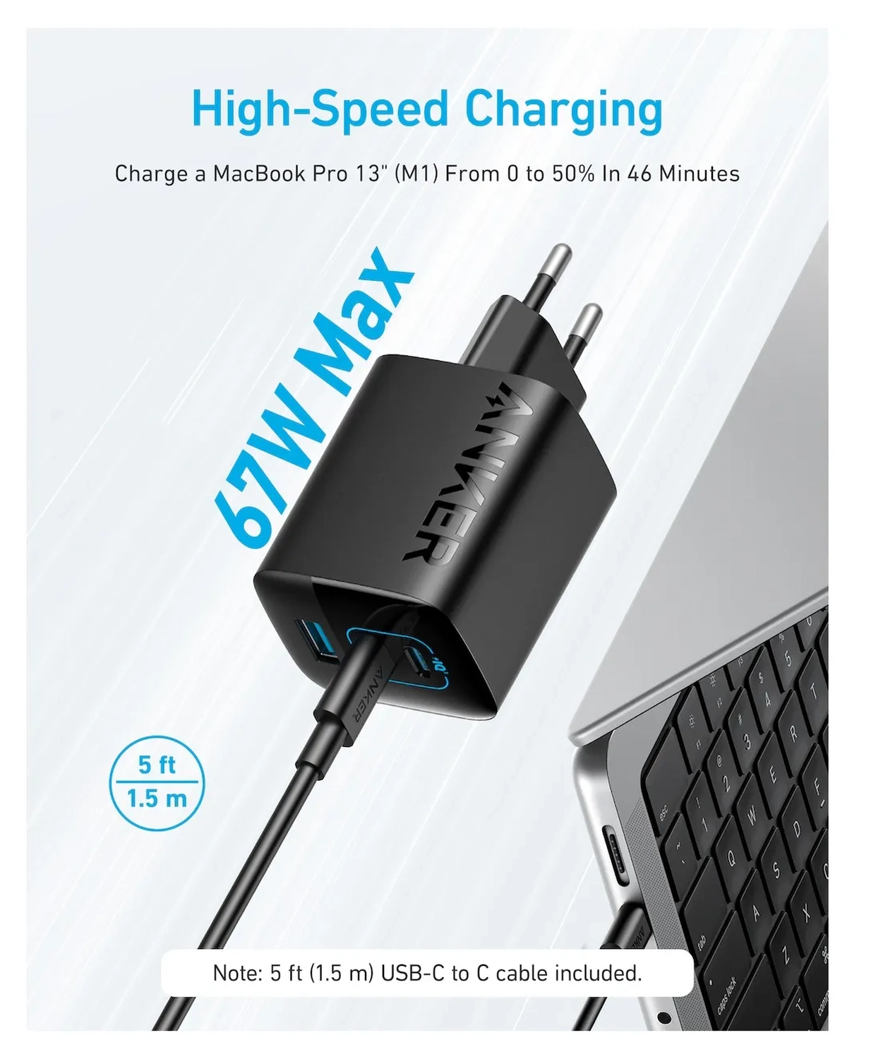 Anker 336 (67W) Snellader USB-A USB-C Fast Charge Adapter Zwart afbeelding 6