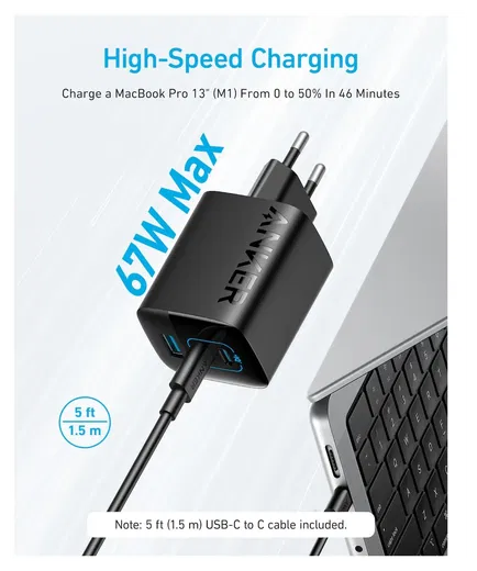 Anker 336 (67W) Snellader USB-A USB-C Fast Charge Adapter Zwart afbeelding 6