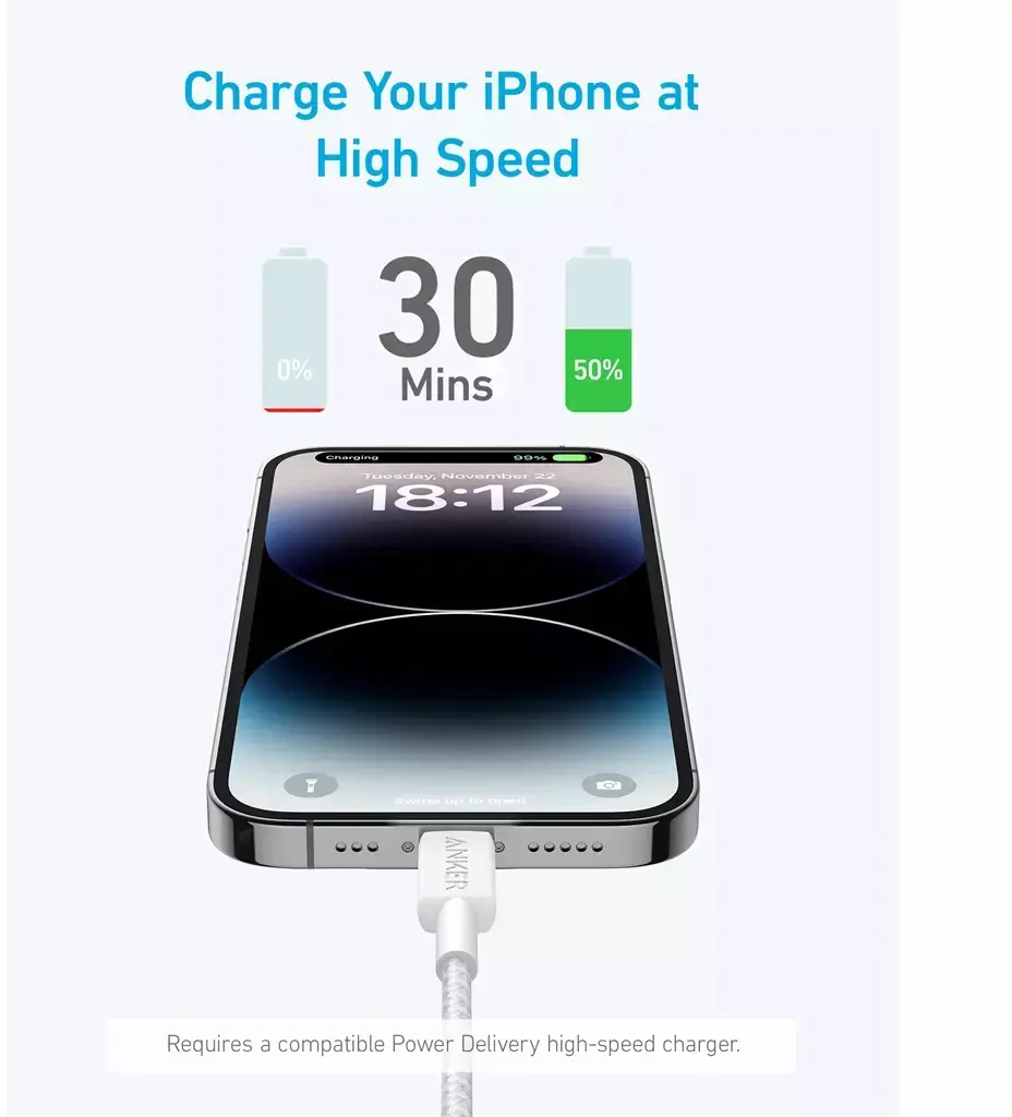 Anker 322 Gevlochten MFi USB-C naar Apple Lightning Kabel 0.9M Wit afbeelding 2