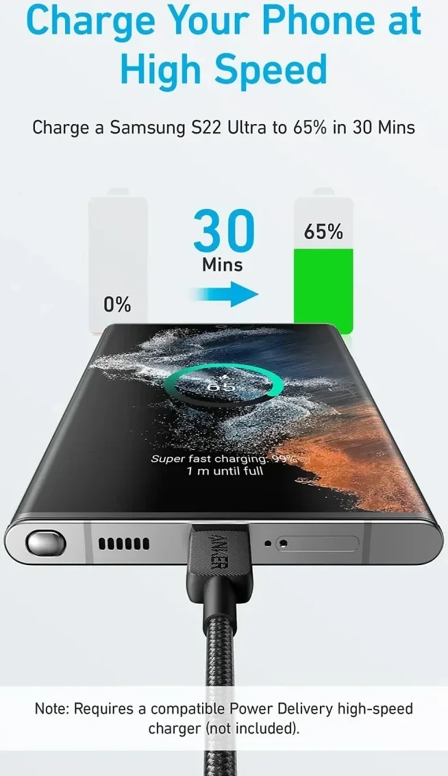 Anker 322 (60W) Gevlochten USB-C naar USB-C Kabel 1.8M Zwart afbeelding 2
