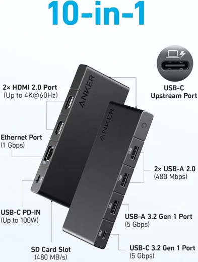 Anker 364 USB-C 10-in-1 Hub USB-A/USB-C/HDMI/Ehternet/SD-Kaart afbeelding 2