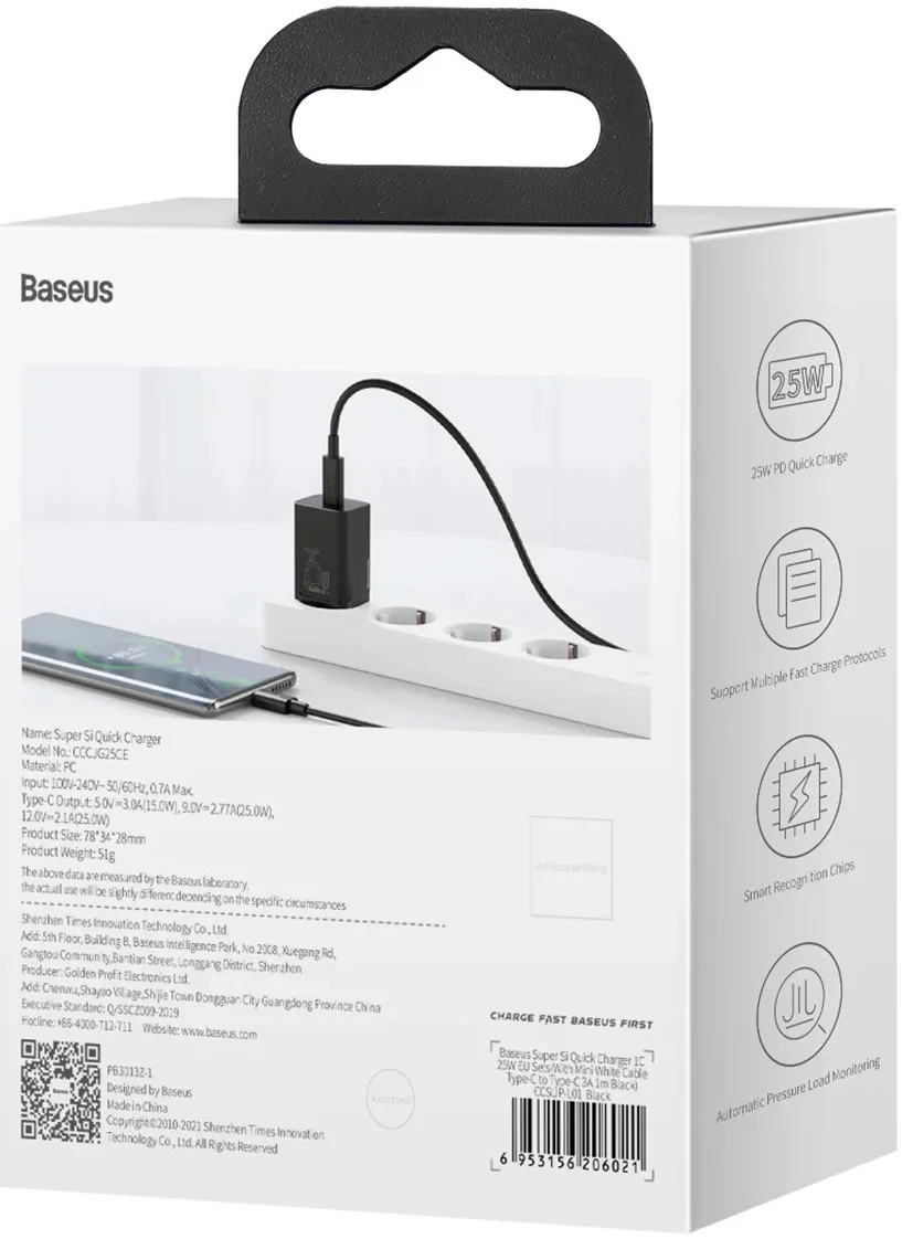 Baseus Super-Si USB-C Snellader Quick Charge 25W Zwart afbeelding 9