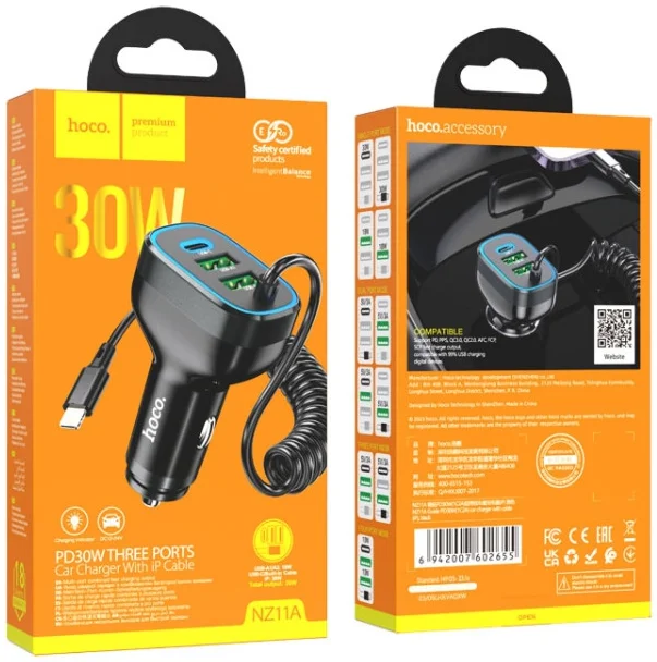 Hoco NZ11A 30W PD Autolader met Ingebouwde Lightning Kabel Zwart afbeelding 4