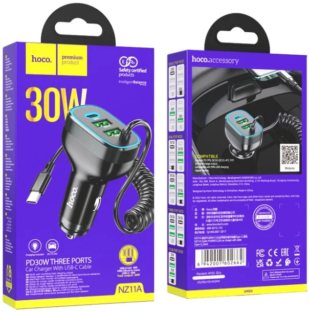 Hoco NZ11A 30W PD Autolader met Ingebouwde USB-C Kabel Zwart afbeelding 4