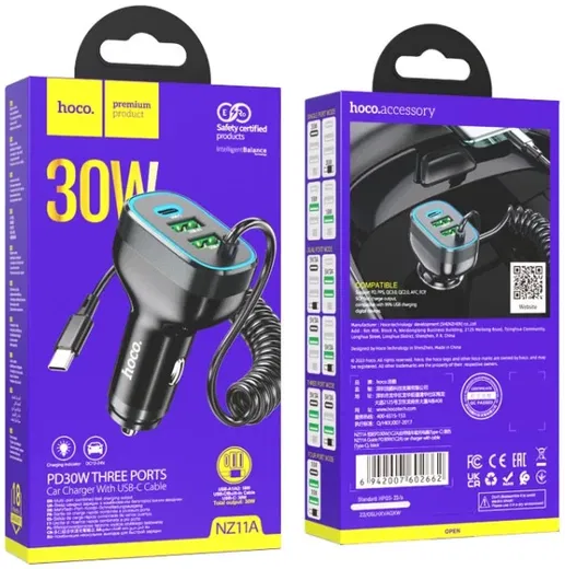Hoco NZ11A 30W PD Autolader met Ingebouwde USB-C Kabel Zwart afbeelding 4