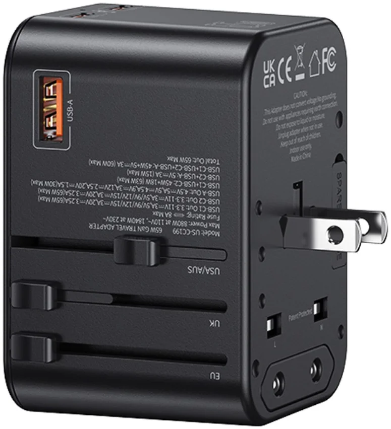 USAMS Wereldstekker 65W EU / UK / VS / AU 2x USB-C - USB-A PD Zwart afbeelding 1