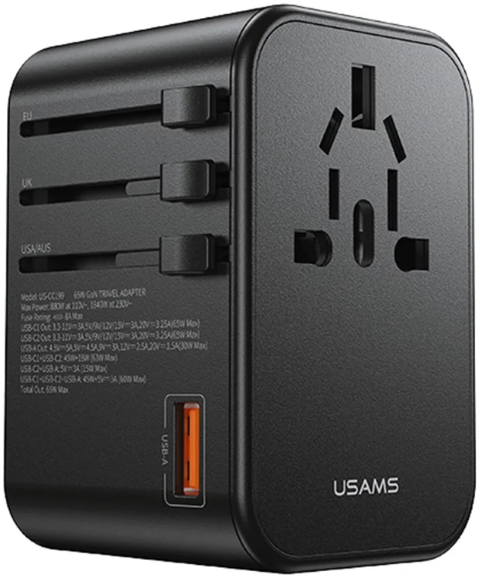 USAMS Wereldstekker 65W EU / UK / VS / AU 2x USB-C - USB-A PD Zwart afbeelding 2