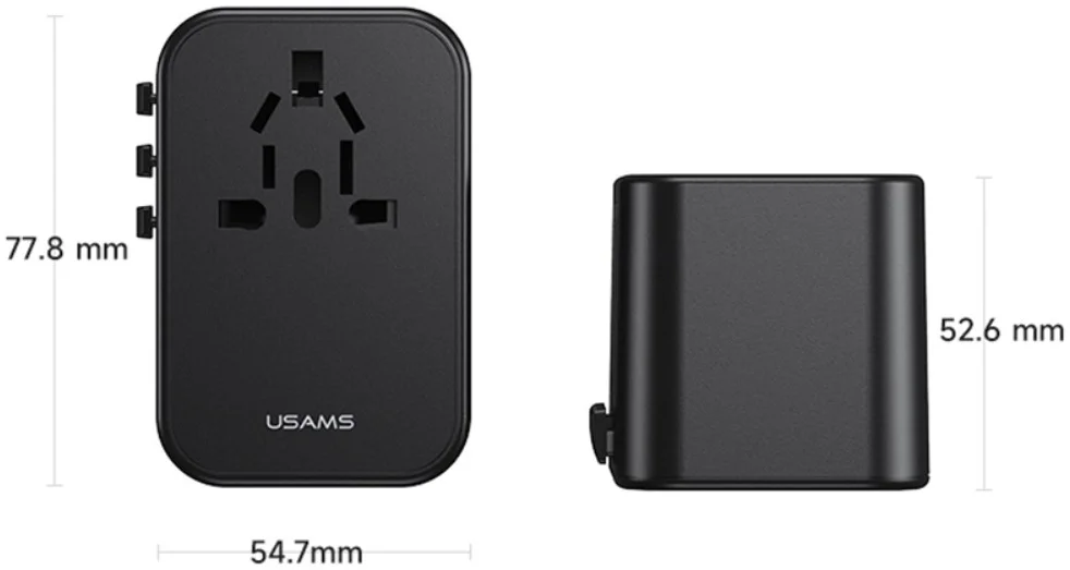 USAMS Wereldstekker 65W EU / UK / VS / AU 2x USB-C - USB-A PD Zwart afbeelding 3